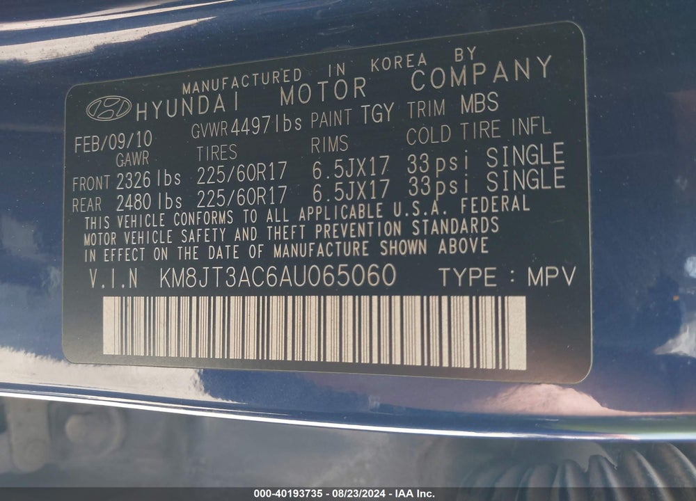 2010 HYUNDAI TUCSON GLS VIN: KM8JT3AC6AU065060