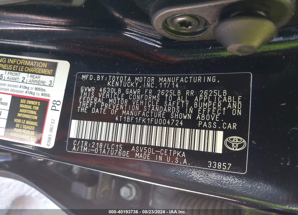 2015 TOYOTA CAMRY XSE VIN: 4T1BF1FK1FU004724