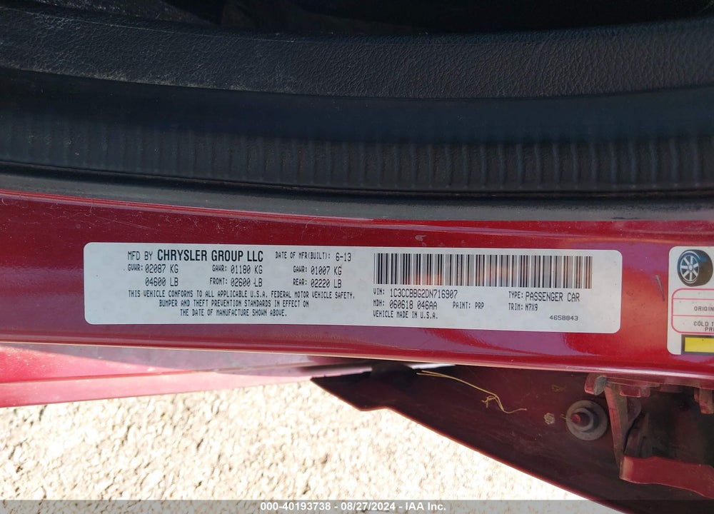 2013 CHRYSLER 200 TOURING VIN: 1C3CCBBG2DN716907