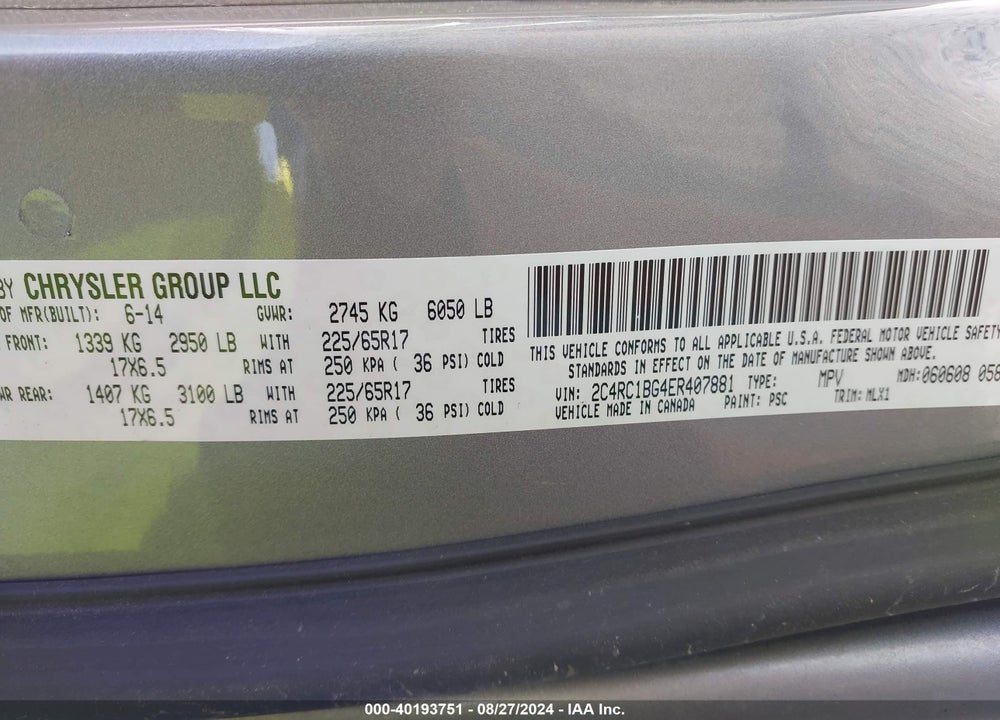 2014 CHRYSLER TOWN & COUNTRY TOURING VIN: 2C4RC1BG4ER407881