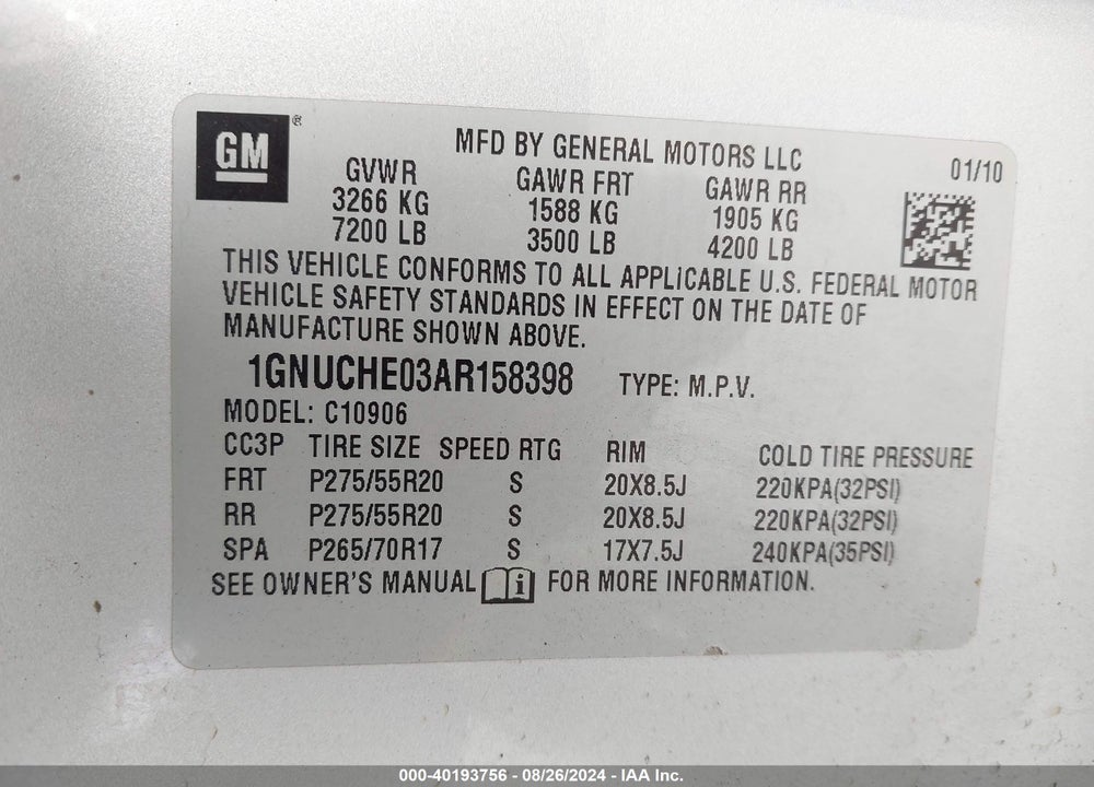 2010 CHEVROLET SUBURBAN 1500 LS VIN: 1GNUCHE03AR158398