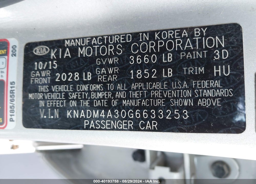 2016 KIA RIO VIN: KNADM4A30G6633253