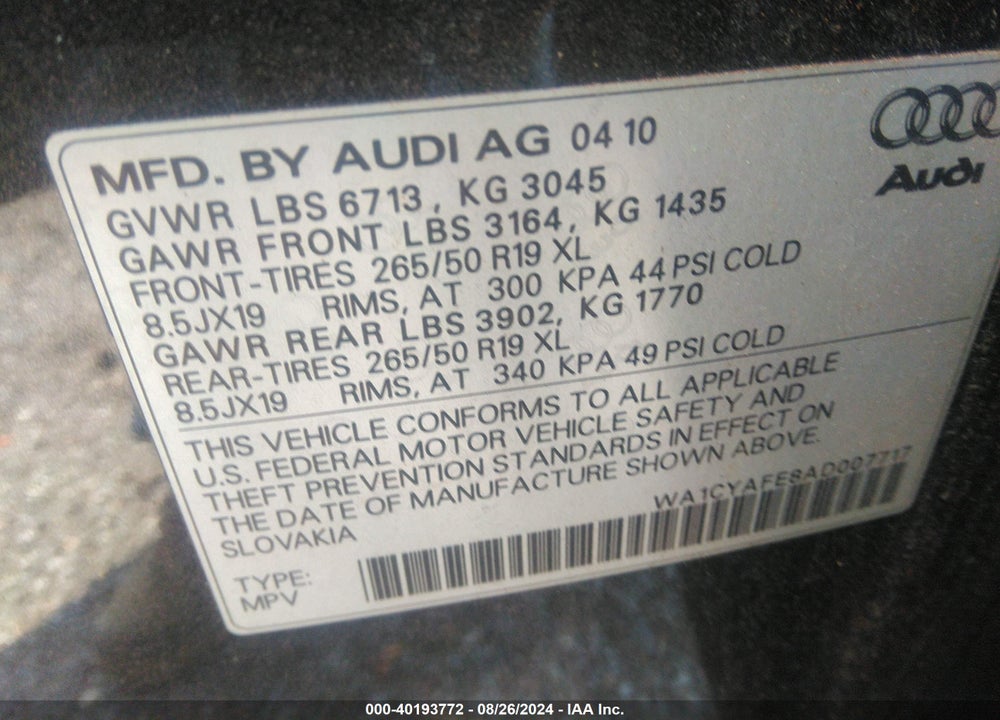 2010 AUDI Q7 3.6 PREMIUM VIN: WA1CYAFE8AD007717