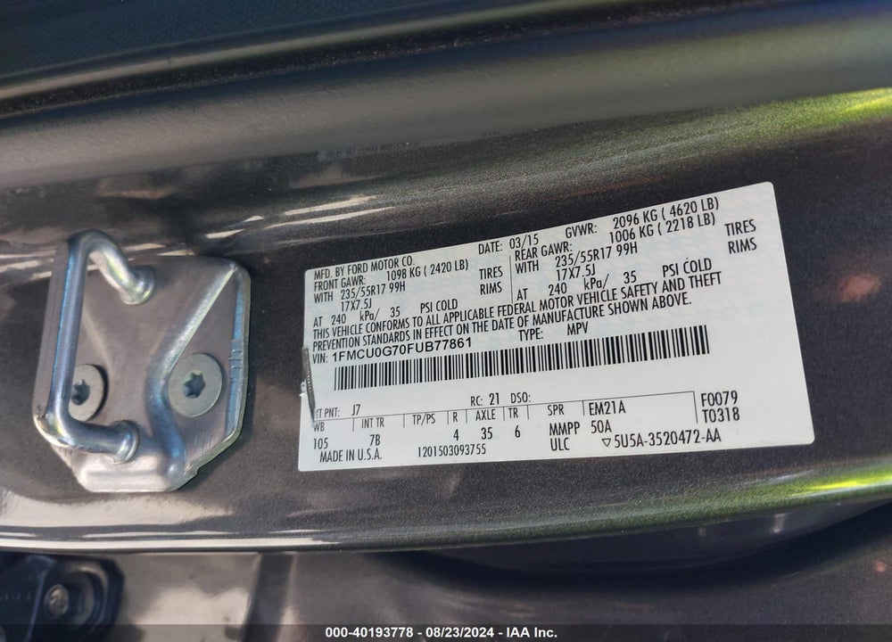 2015 FORD ESCAPE SE VIN: 1FMCU0G70FUB77861