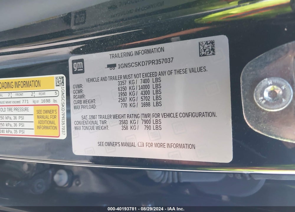 2023 CHEVROLET TAHOE 2WD PREMIER VIN: 1GNSCSKD7PR357037