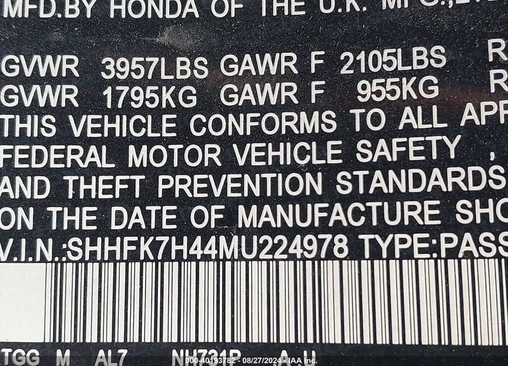 2021 HONDA CIVIC SPORT VIN: SHHFK7H44MU224978