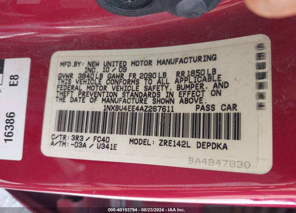 2010 TOYOTA COROLLA LE VIN: 1NXBU4EE4AZ267611