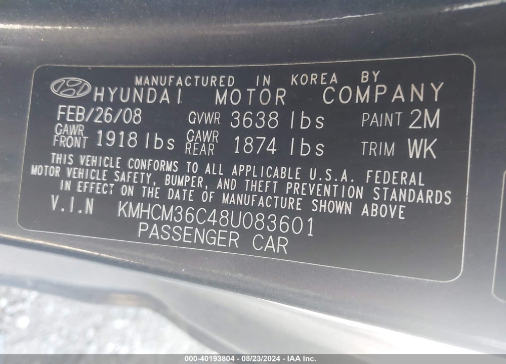 2008 HYUNDAI ACCENT GS VIN: KMHCM36C48U083601