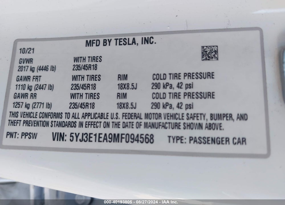 2021 TESLA MODEL 3 STANDARD RANGE PLUS REAR-WHEEL DRIVE VIN: 5YJ3E1EA9MF094568