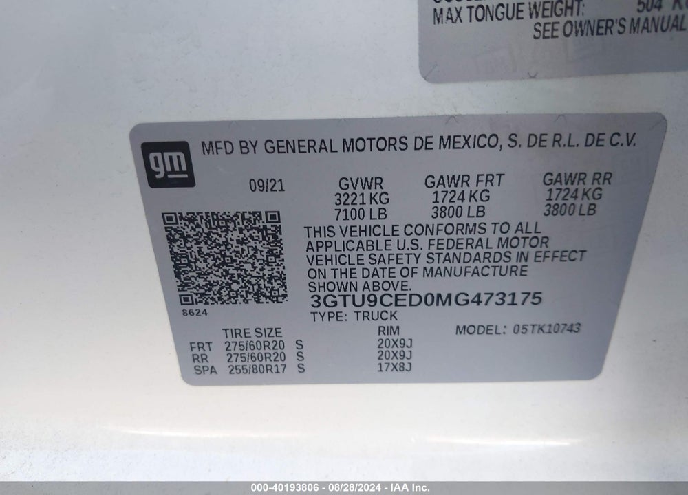 2021 GMC SIERRA 1500 4WD STANDARD BOX ELEVATION VIN: 3GTU9CED0MG473175
