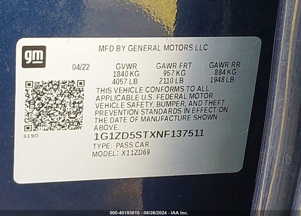 2022 CHEVROLET MALIBU FWD LT VIN: 1G1ZD5STXNF137511