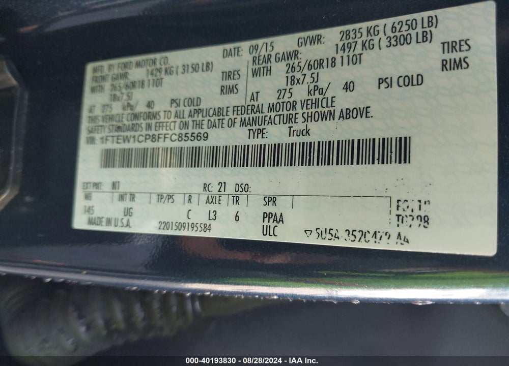 2015 FORD F-150 XLT VIN: 1FTEW1CP8FFC85569
