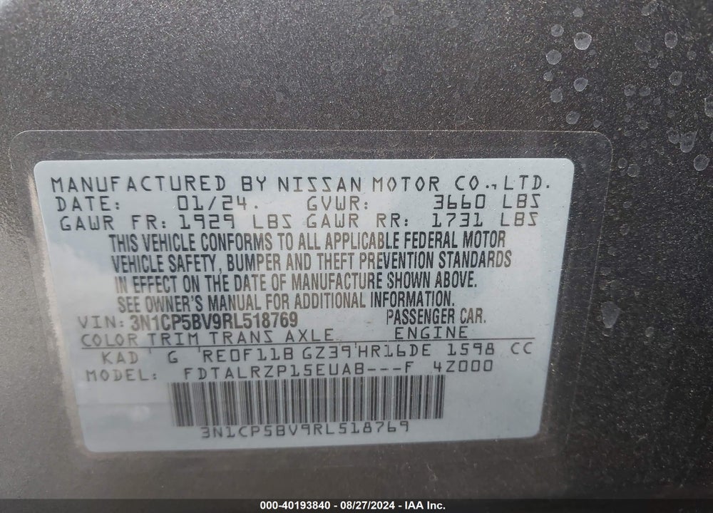 2024 NISSAN KICKS S XTRONIC CVT VIN: 3N1CP5BV9RL518769