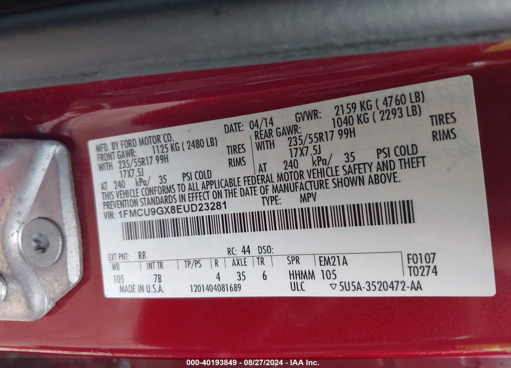 2014 FORD ESCAPE SE VIN: 1FMCU9GX8EUD23281