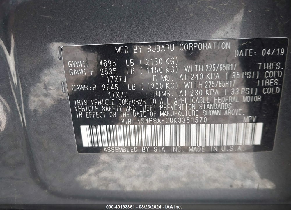 2019 SUBARU OUTBACK 2.5I PREMIUM VIN: 4S4BSAFC8K3351570