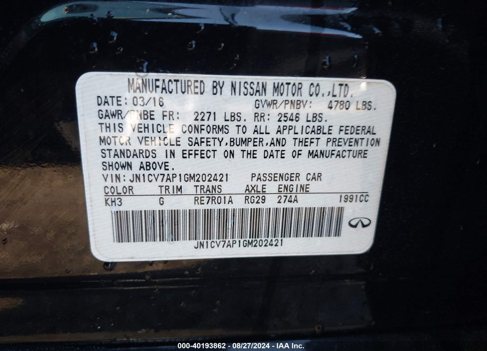 2016 INFINITI Q50 2.0T PREMIUM VIN: JN1CV7AP1GM202421