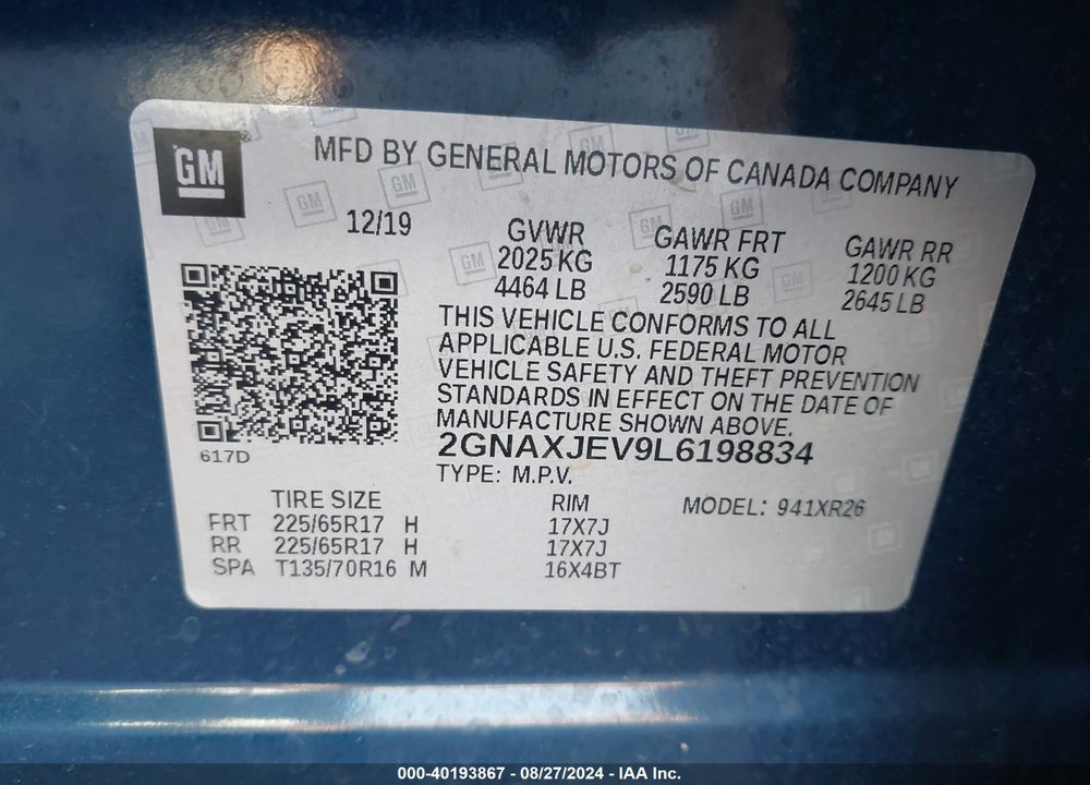 2020 CHEVROLET EQUINOX FWD 2FL VIN: 2GNAXJEV9L6198834
