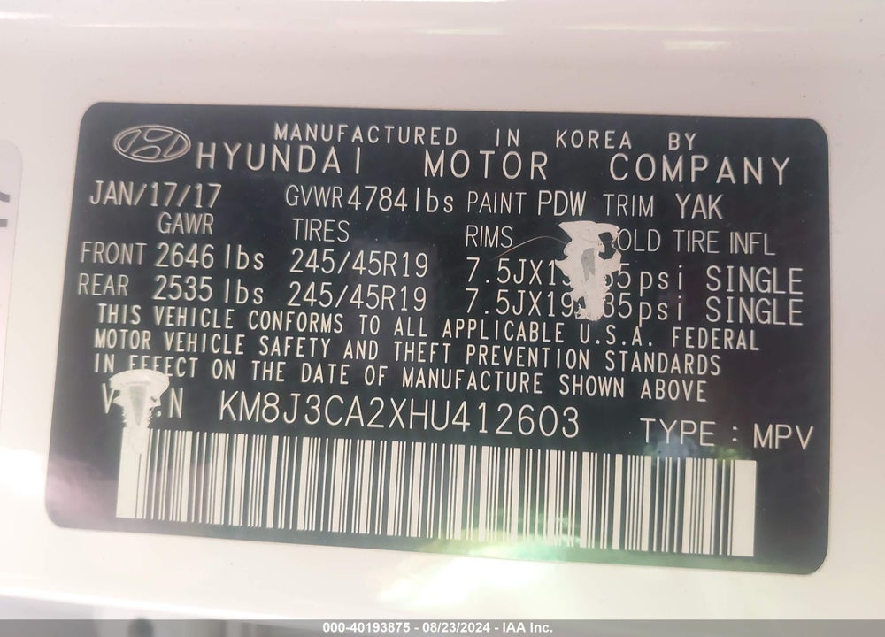 2017 HYUNDAI TUCSON SPORT VIN: KM8J3CA2XHU412603
