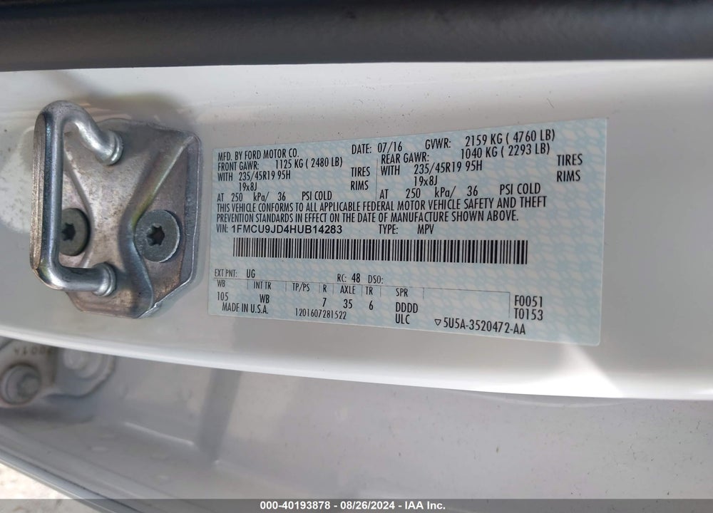 2017 FORD ESCAPE TITANIUM VIN: 1FMCU9JD4HUB14283