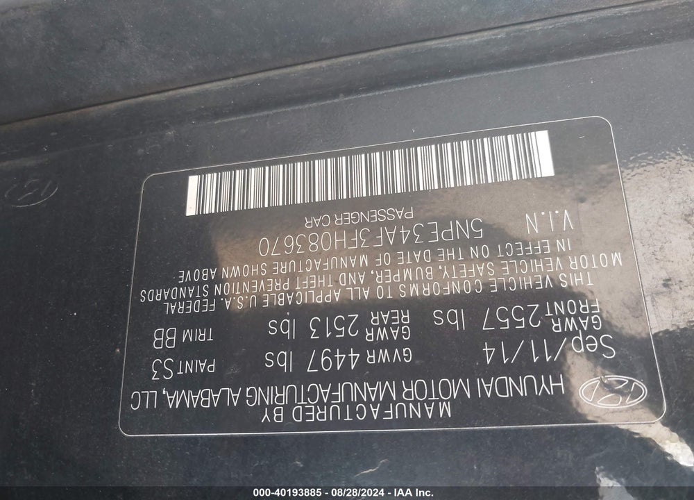 2015 HYUNDAI SONATA VIN: 5NPE34AF3FH083670