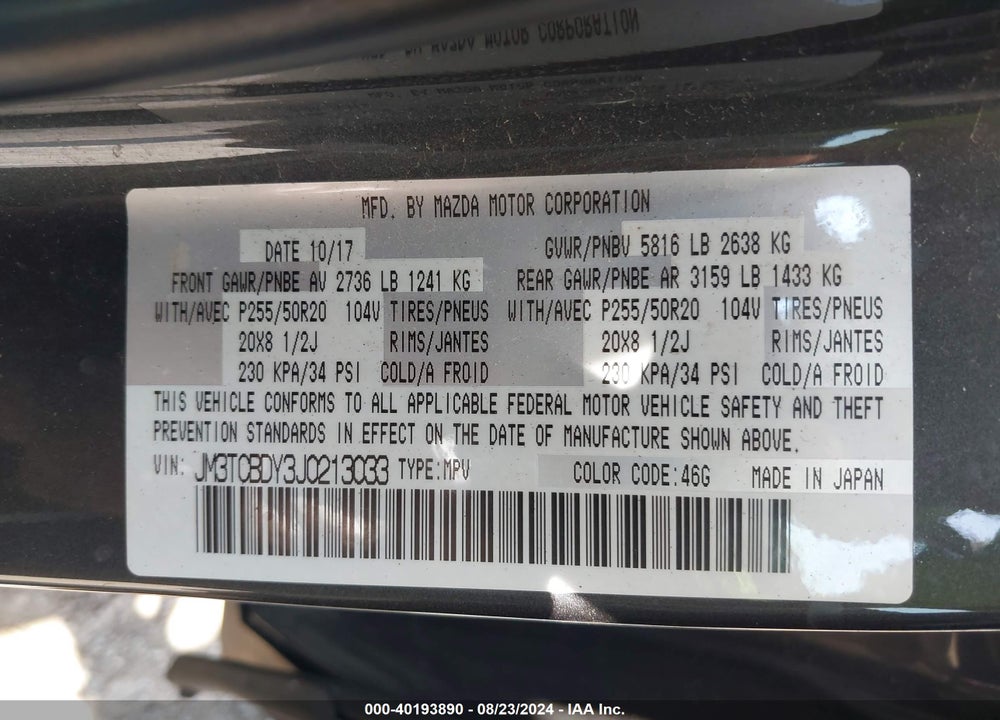 2018 MAZDA CX-9 GRAND TOURING VIN: JM3TCBDY3J0213033