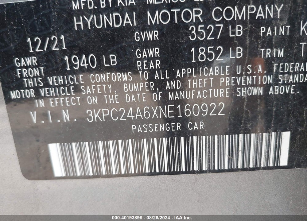 2022 HYUNDAI ACCENT SE/SEL VIN: 3KPC24A6XNE160922