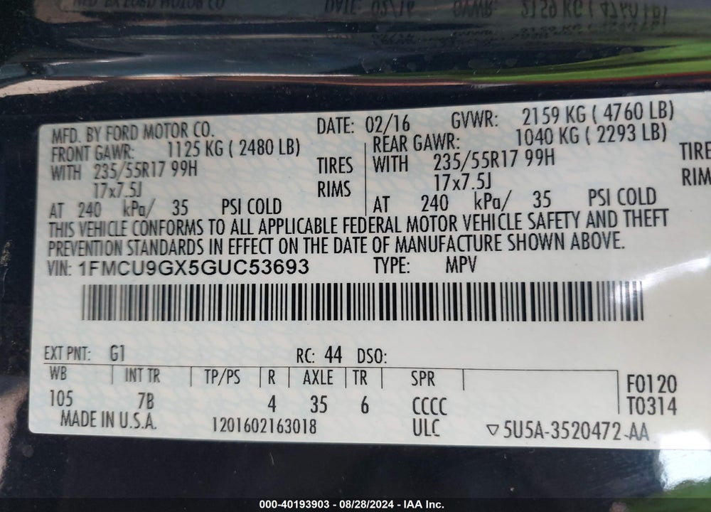 2016 FORD ESCAPE SE VIN: 1FMCU9GX5GUC53693