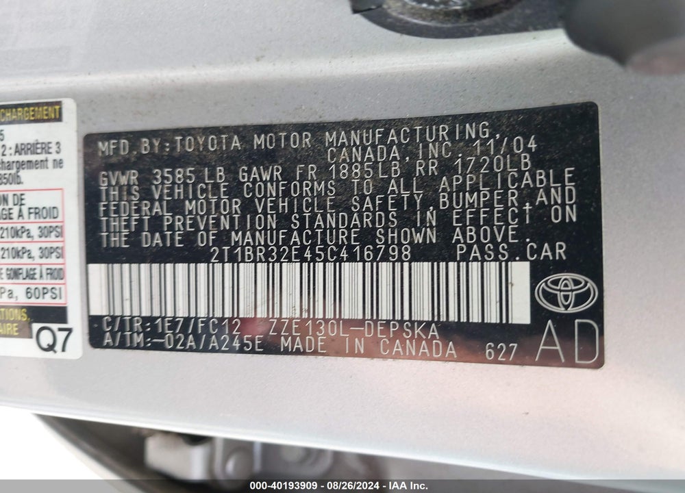 2005 TOYOTA COROLLA S VIN: 2T1BR32E45C416798
