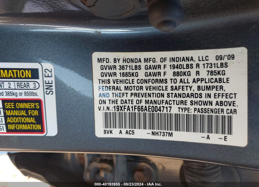 2010 HONDA CIVIC LX-S VIN: 19XFA1F66AE004717
