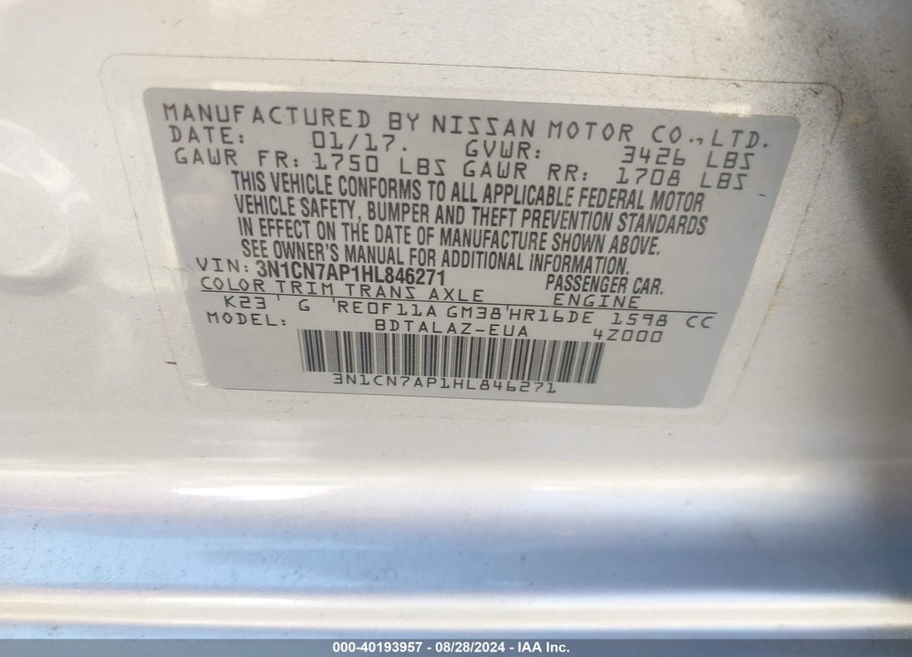 2017 NISSAN VERSA 1.6 S+ VIN: 3N1CN7AP1HL846271