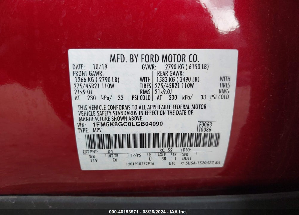 2020 FORD EXPLORER ST VIN: 1FM5K8GC0LGB04090