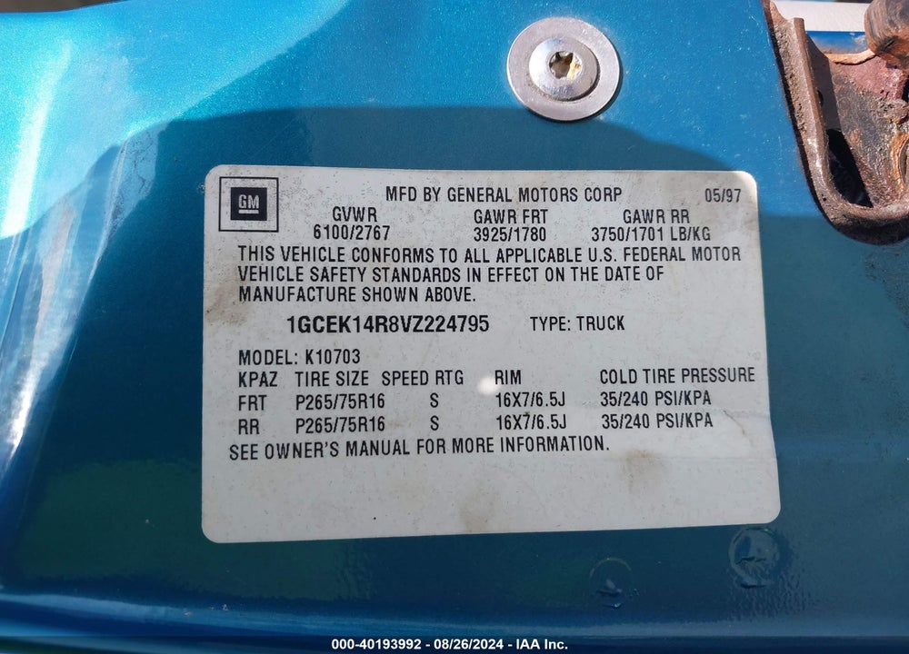 1997 CHEVROLET K1500 SPORTSIDE VIN: 1GCEK14R8VZ224795