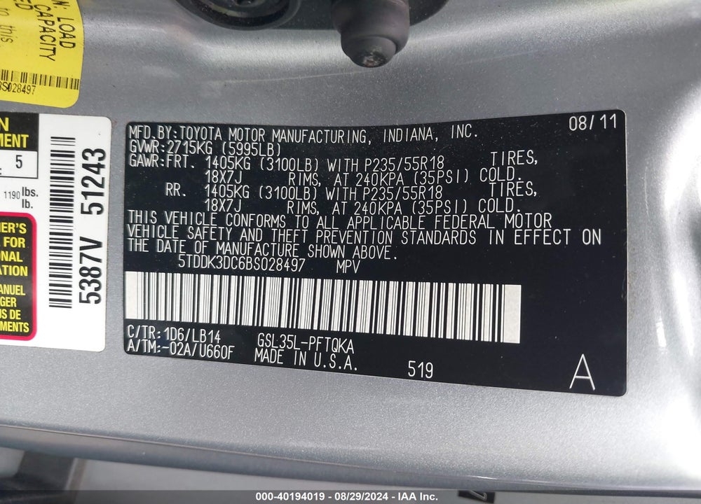2011 TOYOTA SIENNA XLE VIN: 5TDDK3DC6BS028497