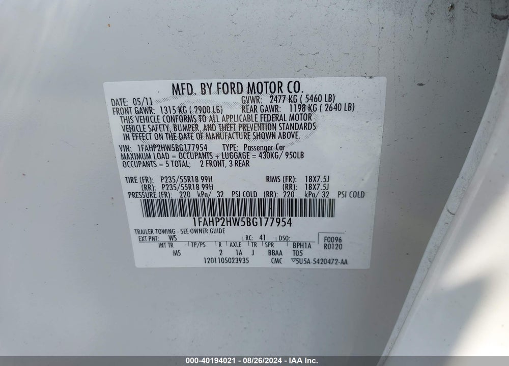 2011 FORD TAURUS VIN: 1FAHP2HW5BG177954