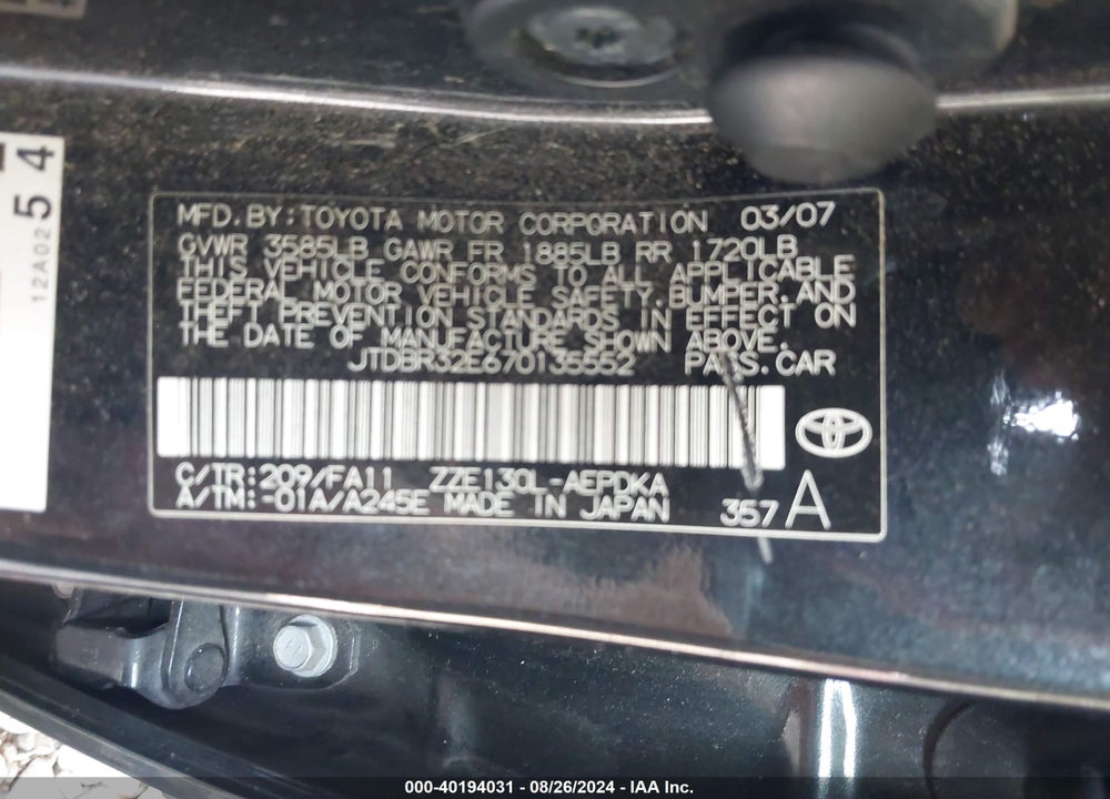 2007 TOYOTA COROLLA CE VIN: JTDBR32E670135552