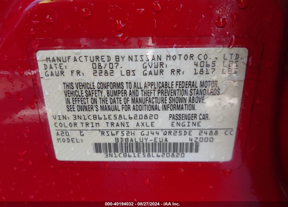 2008 NISSAN SENTRA SE-R SPEC V VIN: 3N1CB61E58L620820