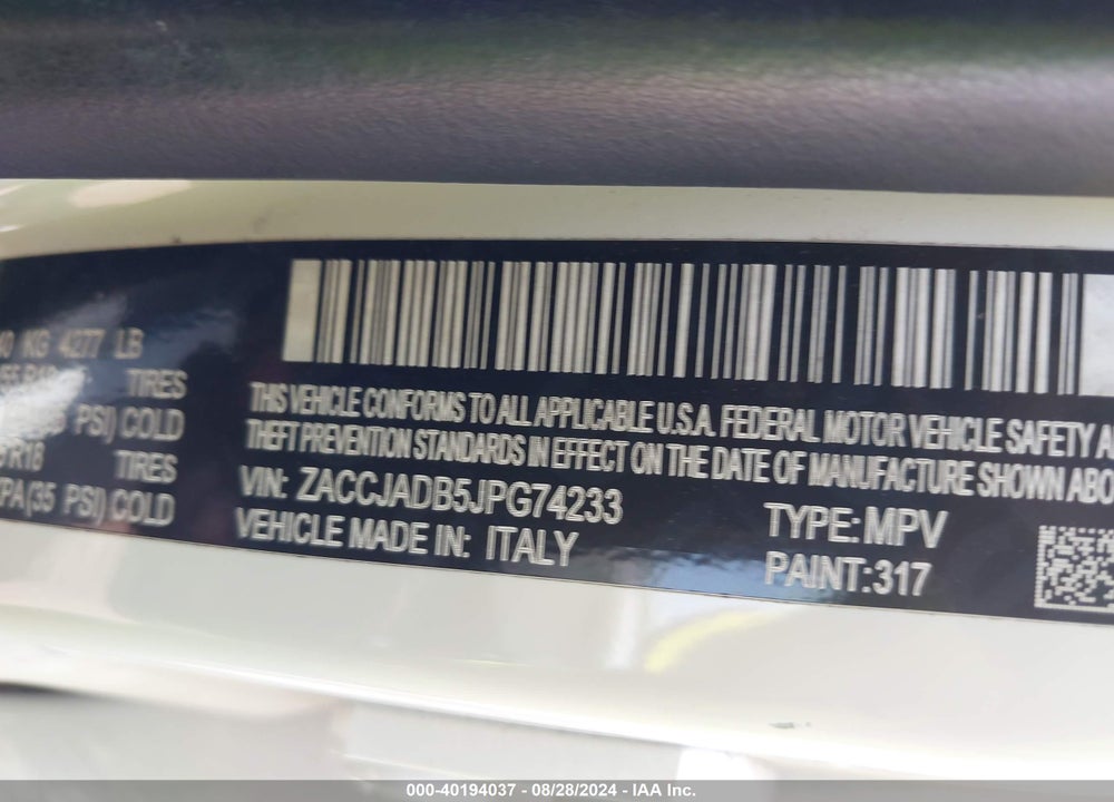 2018 JEEP RENEGADE LIMITED FWD VIN: ZACCJADB5JPG74233