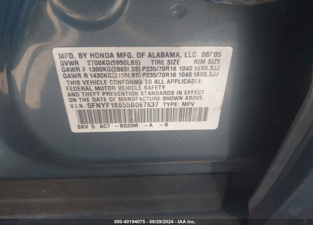 2005 HONDA PILOT EX-L VIN: 5FNYF18655B067637