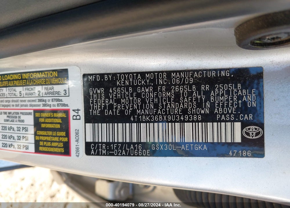 2009 TOYOTA AVALON XLS VIN: 4T1BK36BX9U349388