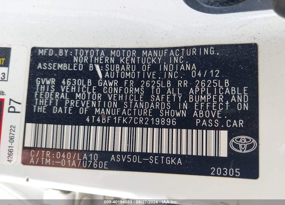2012 TOYOTA CAMRY XLE VIN: 4T4BF1FK7CR219896