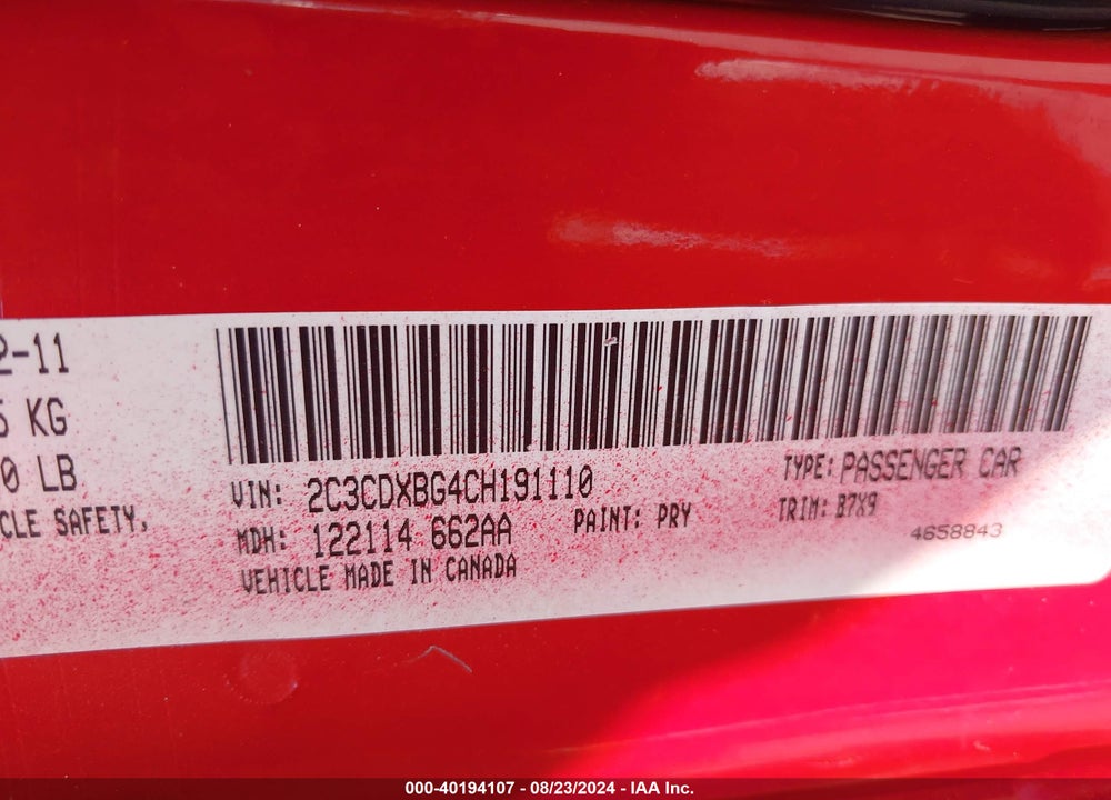 2012 DODGE CHARGER SE VIN: 2C3CDXBG4CH191110