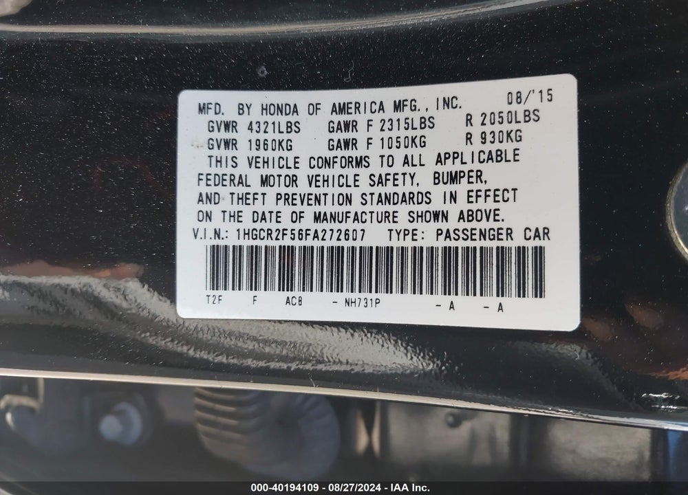 2015 HONDA ACCORD SPORT VIN: 1HGCR2F56FA272607