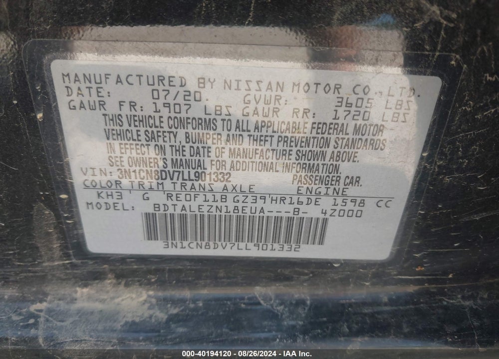 2020 NISSAN VERSA S XTRONIC CVT VIN: 3N1CN8DV7LL901332