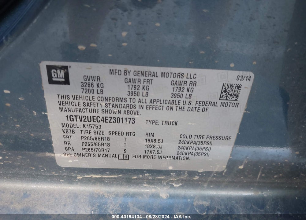2014 GMC SIERRA 1500 SLE VIN: 1GTV2UEC4EZ301173