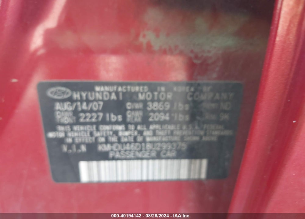 2008 HYUNDAI ELANTRA GLS/SE VIN: KMHDU46D18U299375