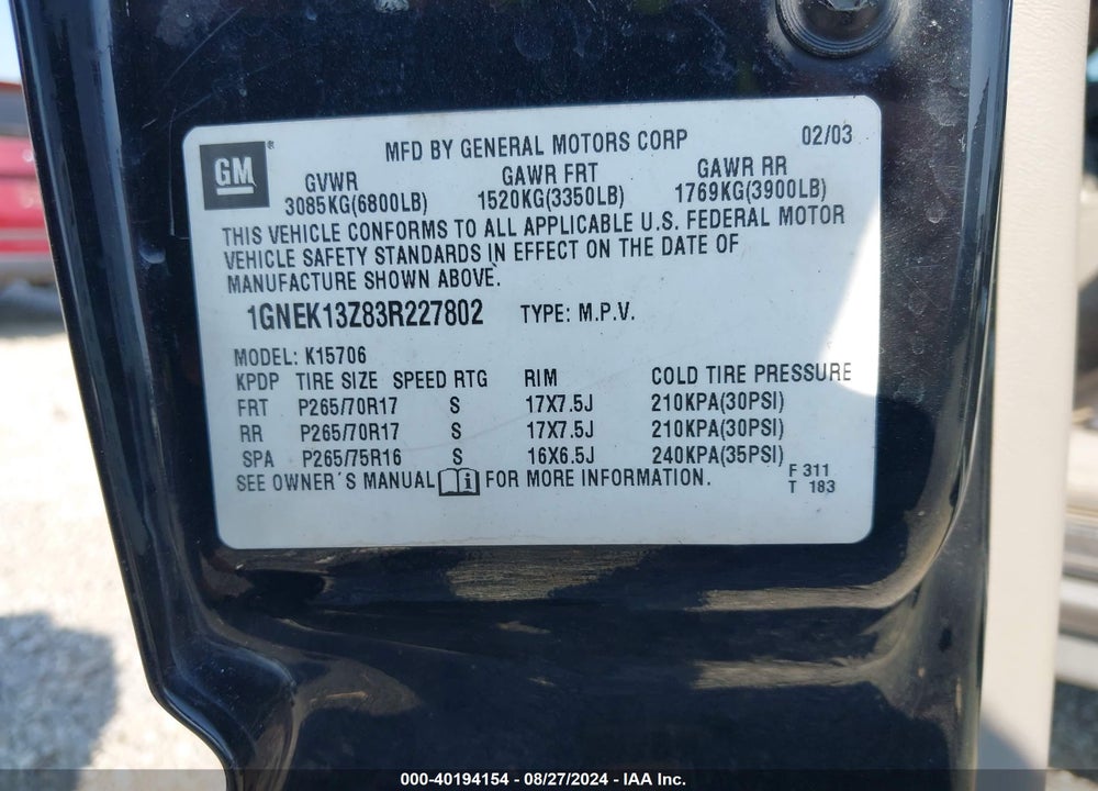 2003 CHEVROLET TAHOE Z71 VIN: 1GNEK13Z83R227802