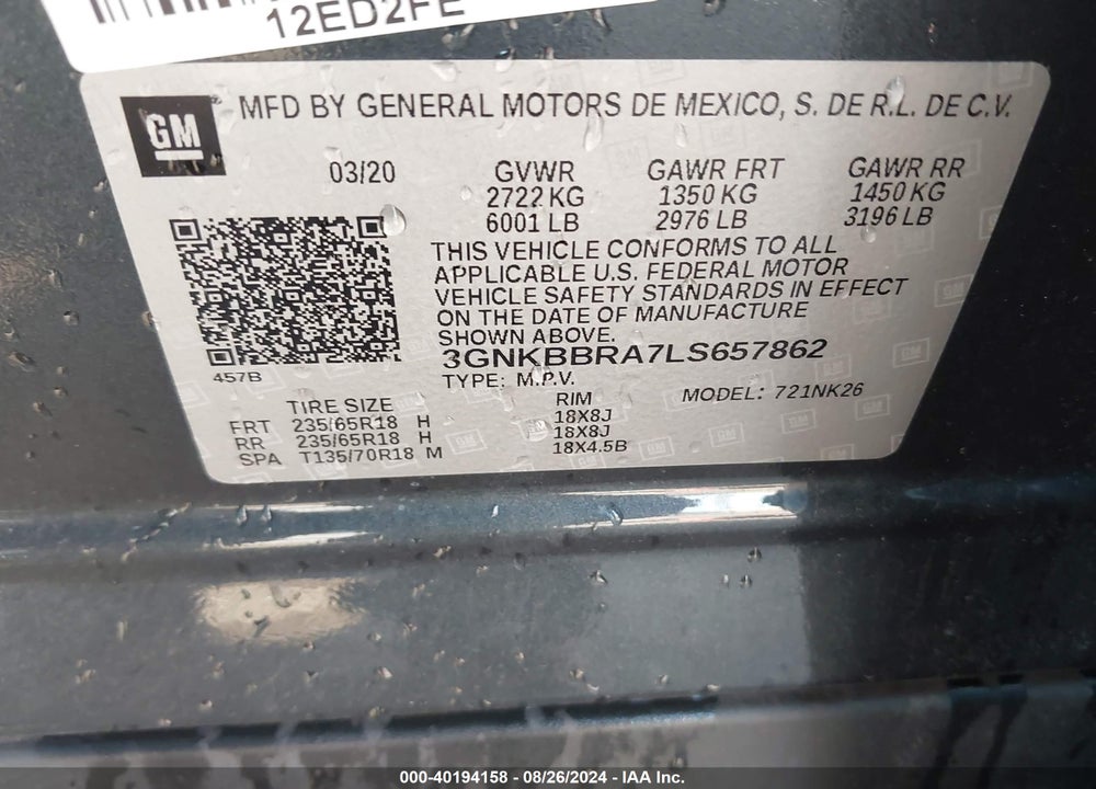 2020 CHEVROLET BLAZER FWD 1LT VIN: 3GNKBBRA7LS657862