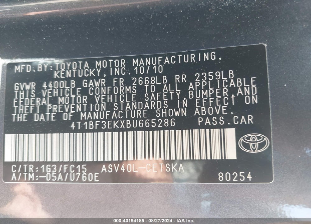 2011 TOYOTA CAMRY SE VIN: 4T1BF3EKXBU665286