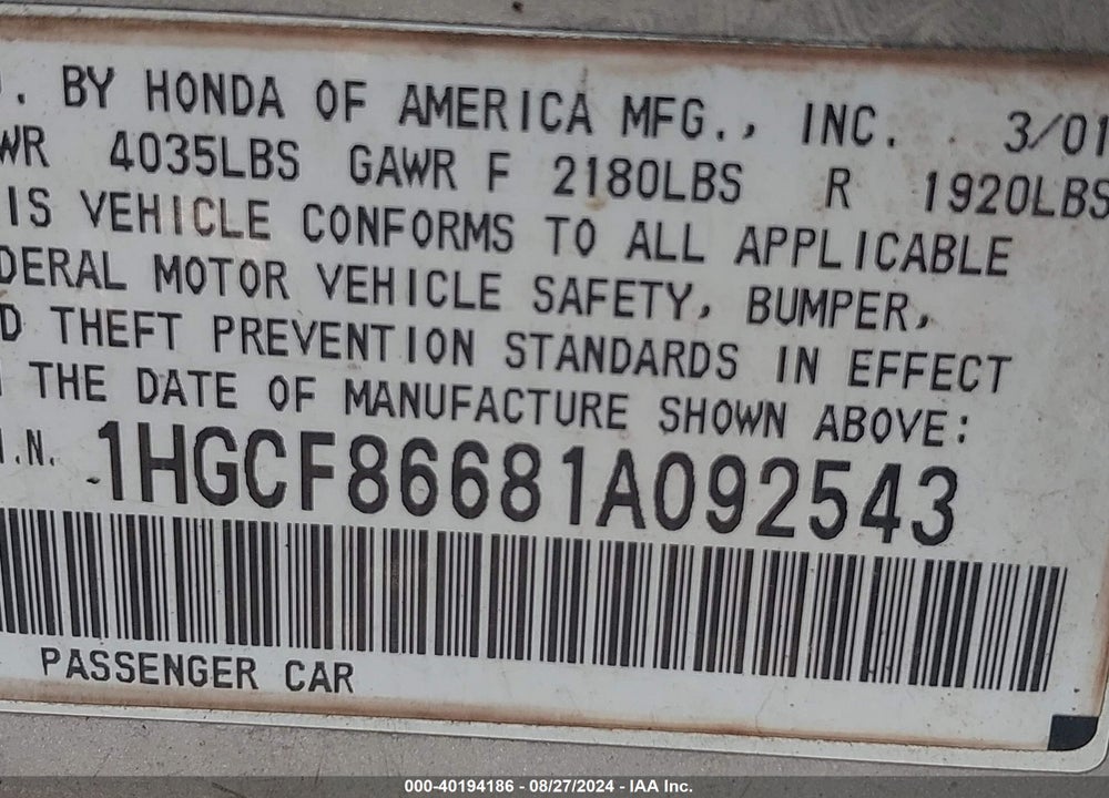 2001 HONDA ACCORD VIN: 1HGCF86681A092543