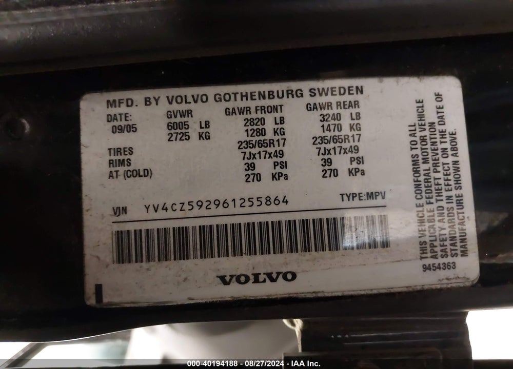 2006 VOLVO XC90 2.5T VIN: YV4CZ592961255864